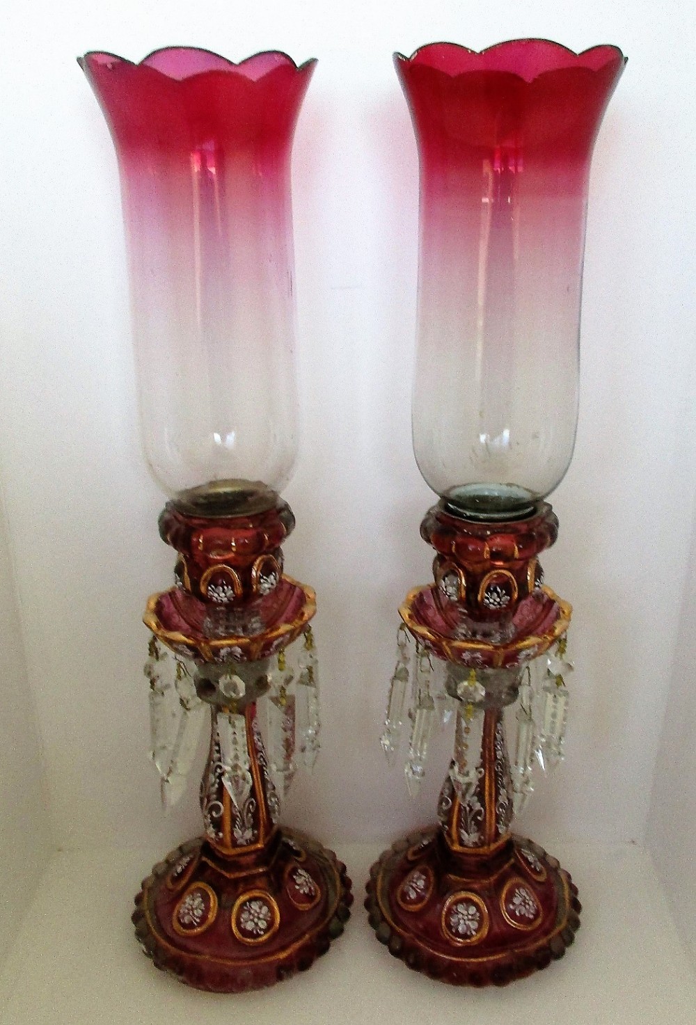 pair of antique english victorian ruby cranberry glass candle lustres