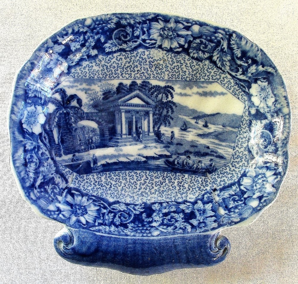antique english georgian blue and white transfer palladian porch pattern pottery butter dish