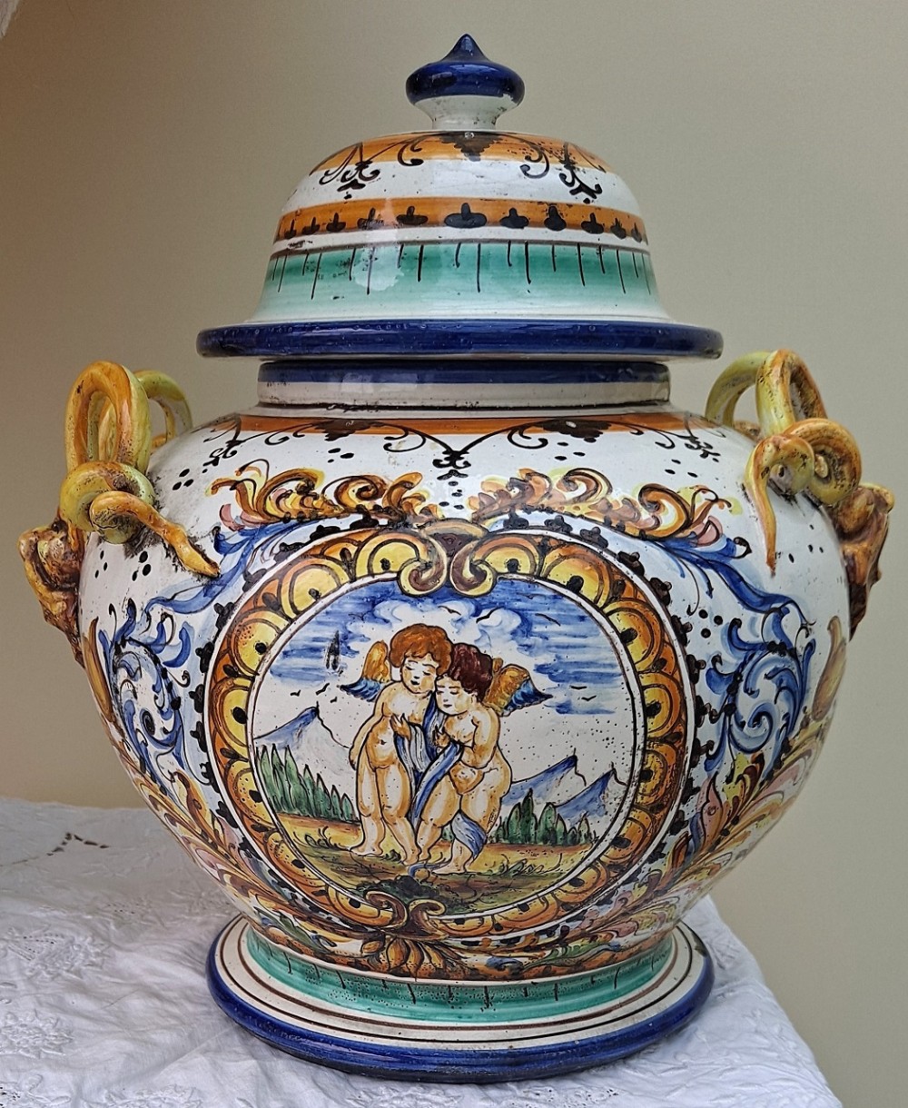 antique italian victorian maiolica vase and cover