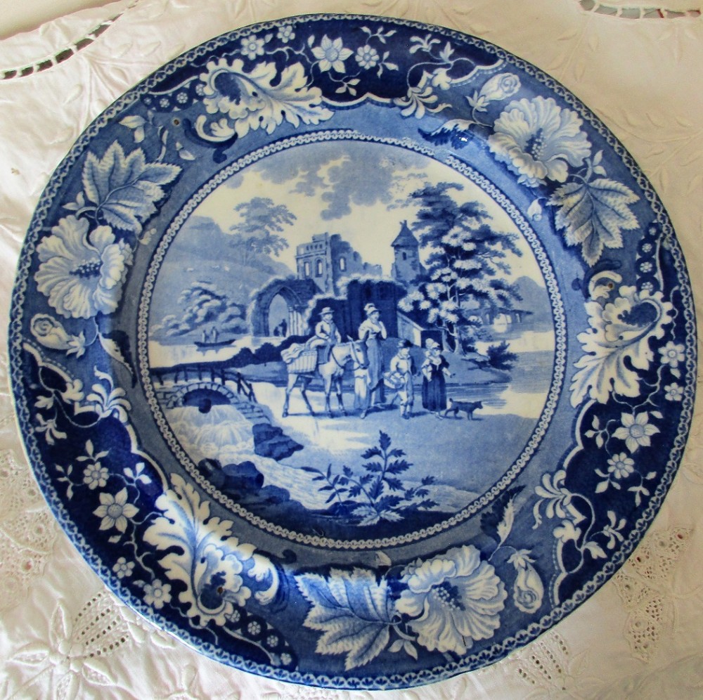 antique english georgian blue and white transfer family and mule pottery plate