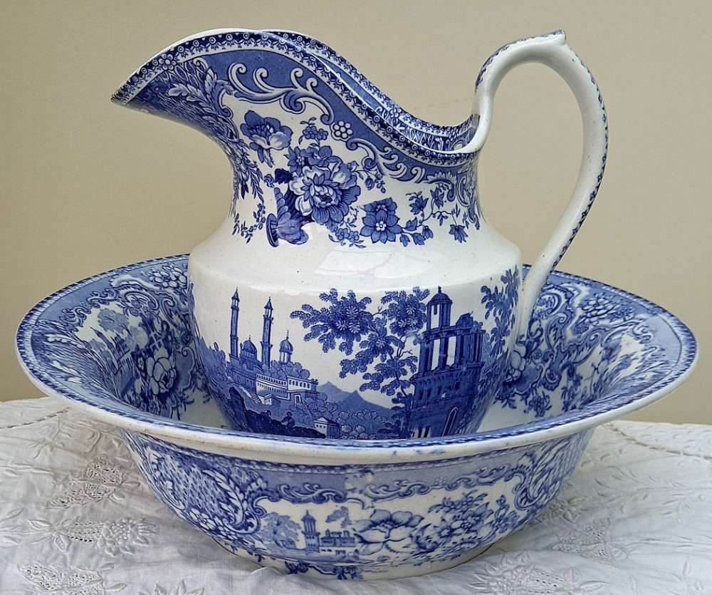 antique english georgian blue white transfer indian temple pattern pottery ewer basin