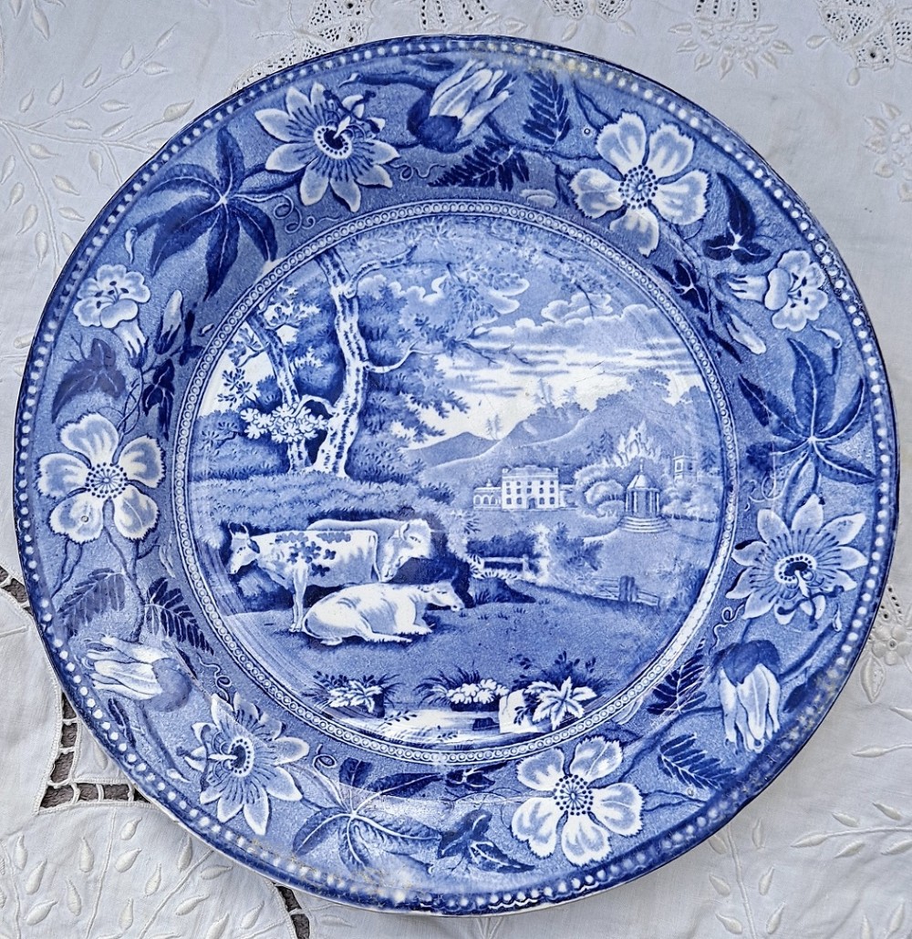 antique english georgian blue white transfer gazebo pattern pottery plate pettys co leeds