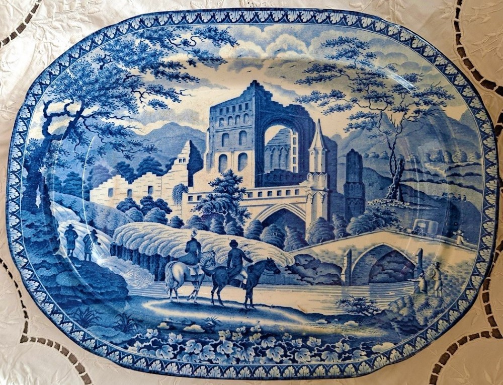 antique english georgian blue white transfer gothic ruins platter