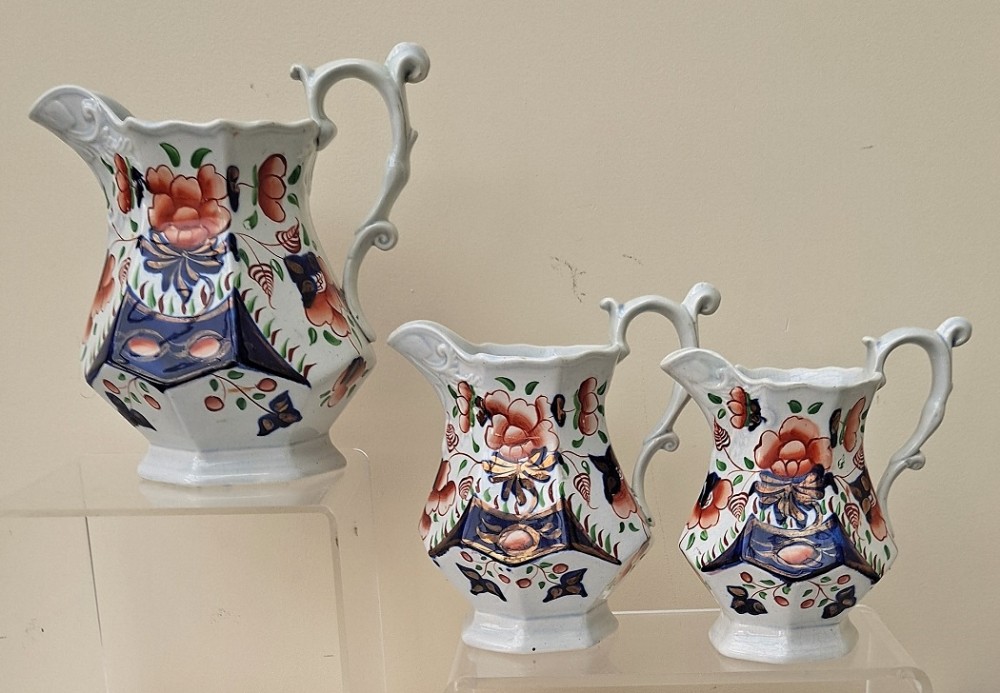 set of three antique victorian gaudy welsh cambrian rose pattern jugs