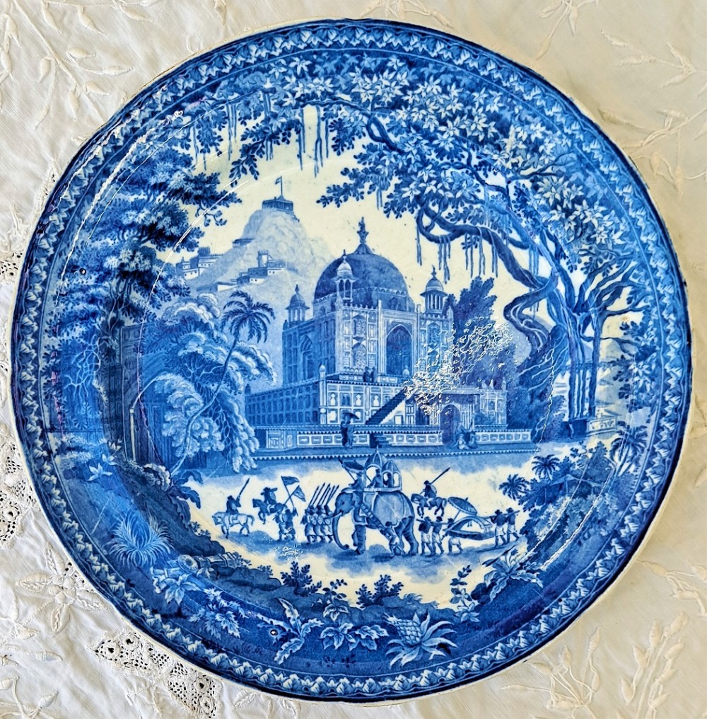 antique english georgian blue and white transfer plate mausoleum of sultan purveiz william walsh