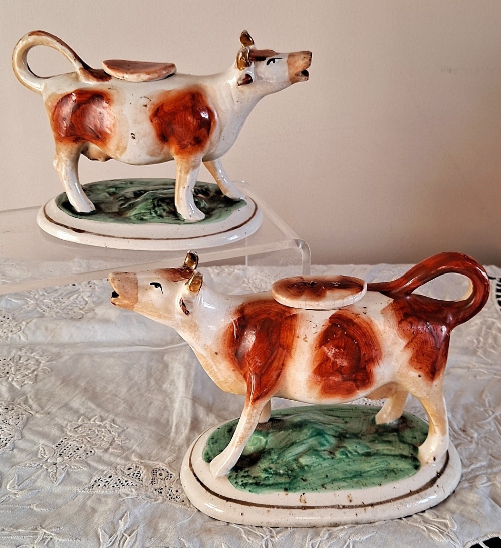 pair of antique english victorian staffordshire pottery cow creamers