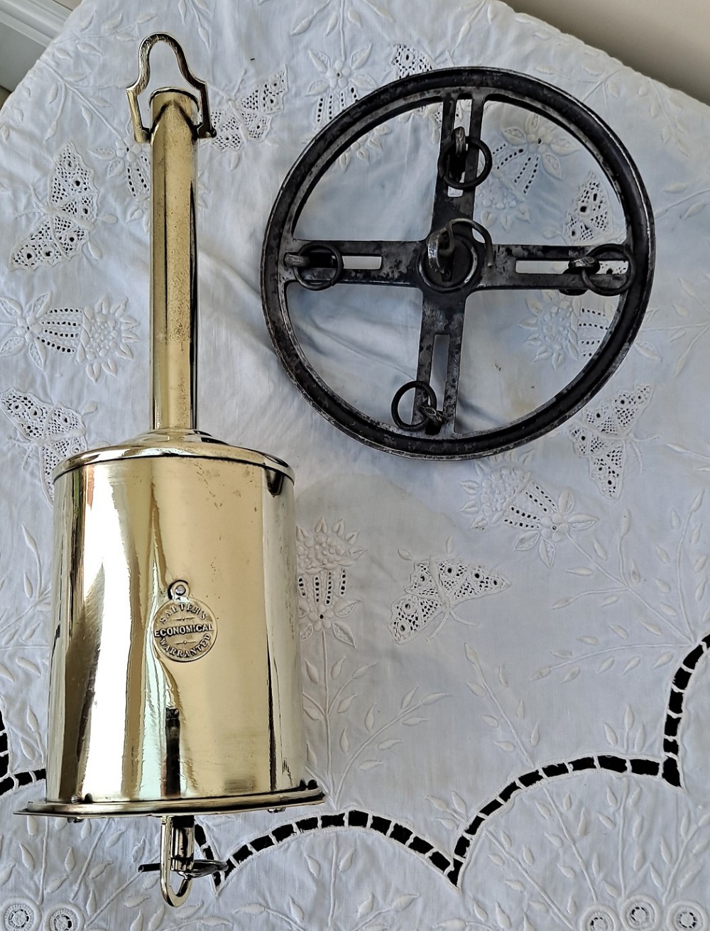 antique english victorian brass bottle chimney spit jack