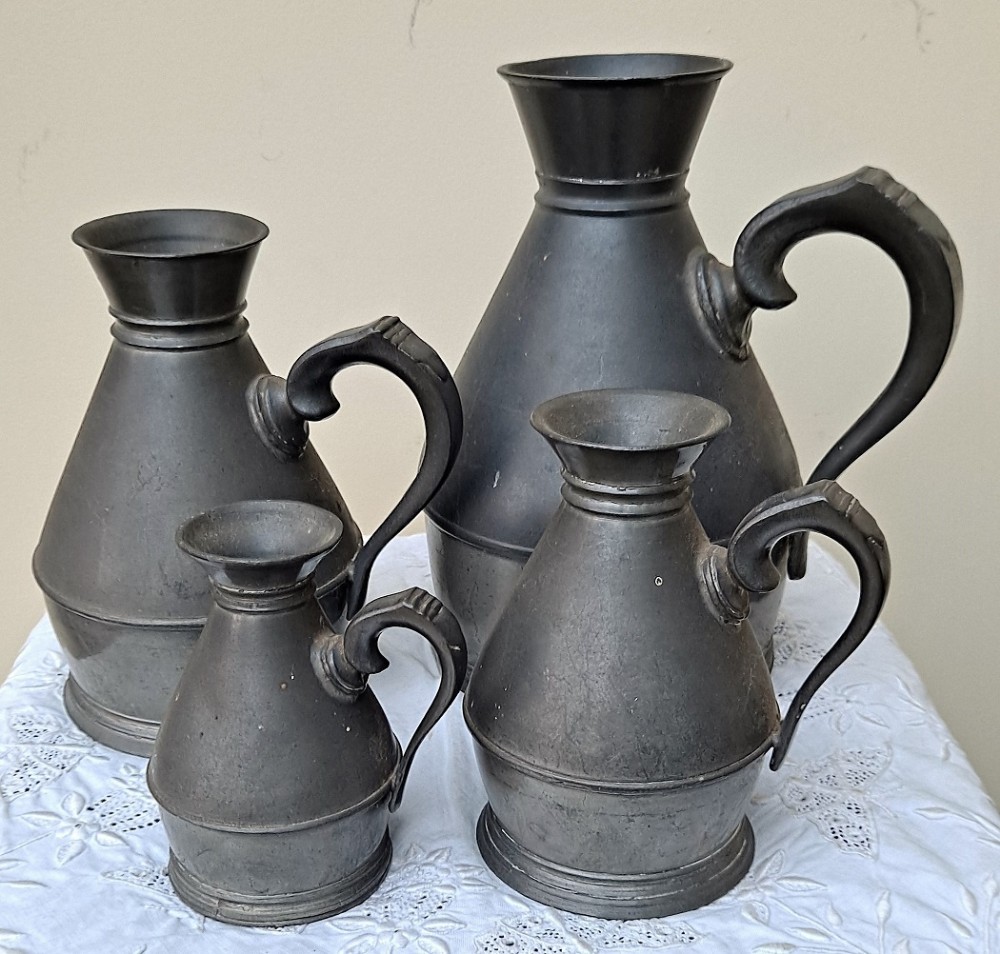 set of 4 antique irish victorian pewter haystack measures