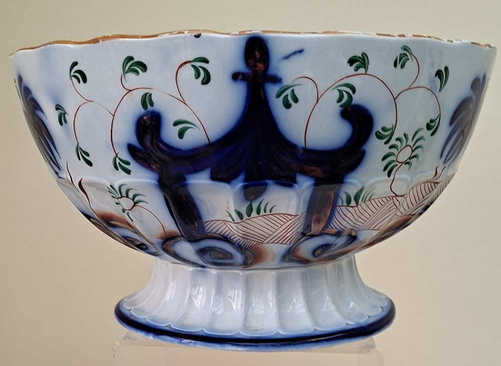 antique victorian gaudy welsh pagoda pattern footed bowl