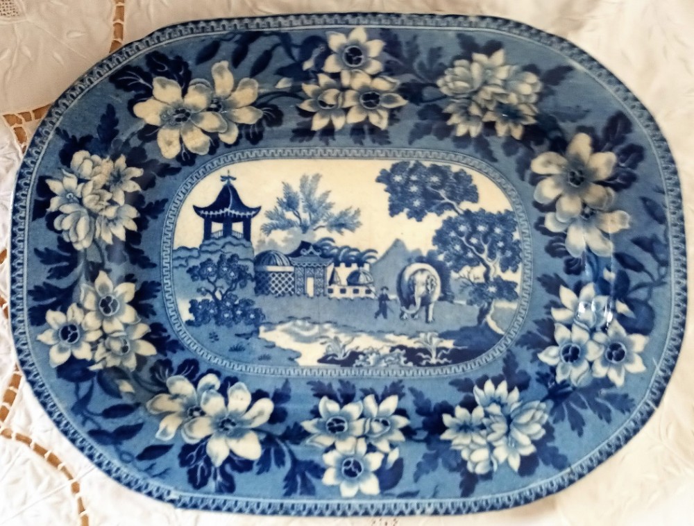 antique english georgian blue and white transfer elephant pattern pottery platter john rogers son