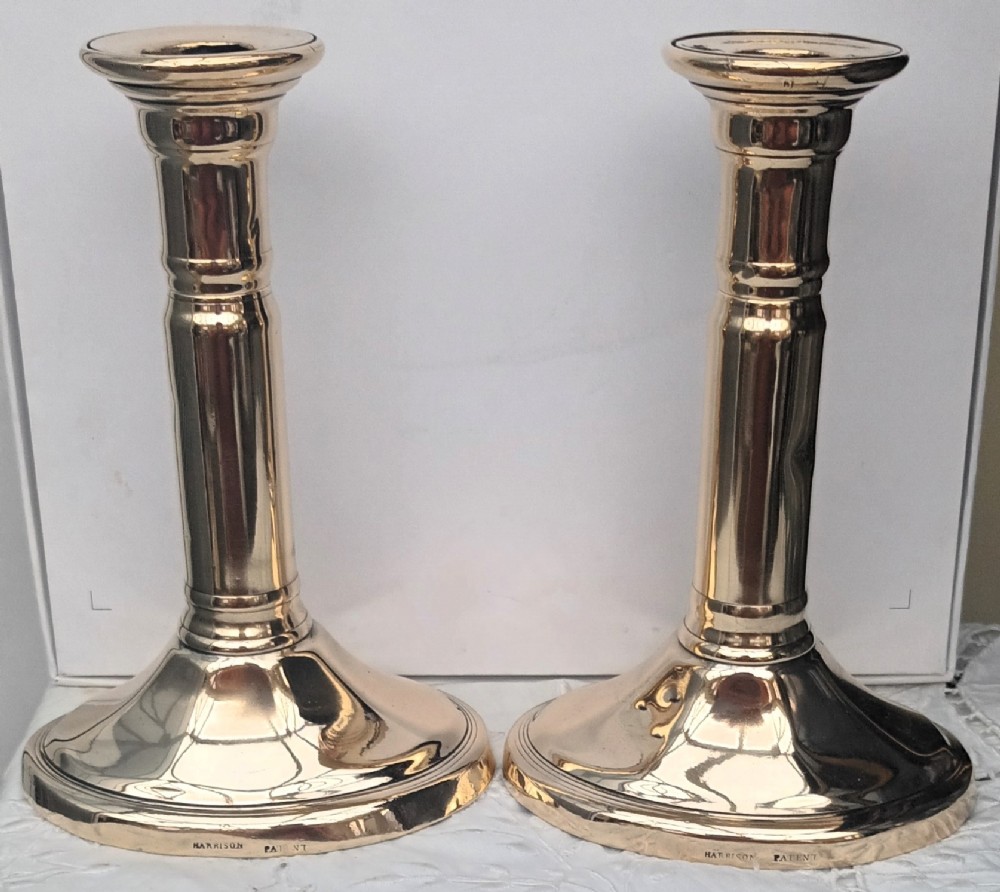 pair of antique english georgian harrison patent telescopic brass candlesticks