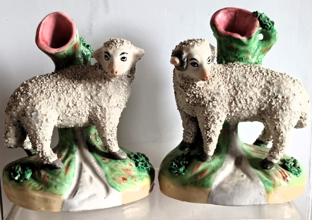 pair of antique english victorian staffordshire pottery sheep