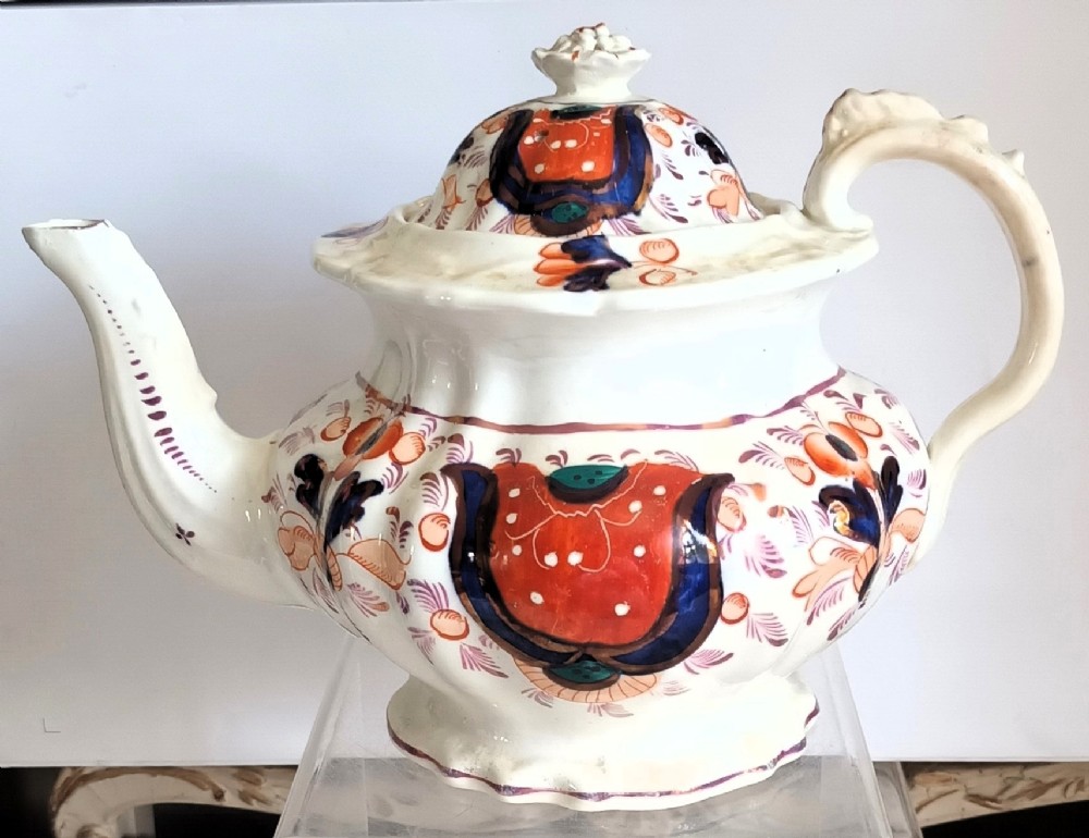 antique georgian gaudy welsh oriental coloured hexagon pattern teapot