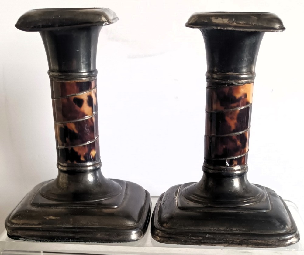 pair of antique victorian pewter and tortoiseshell candlesticks