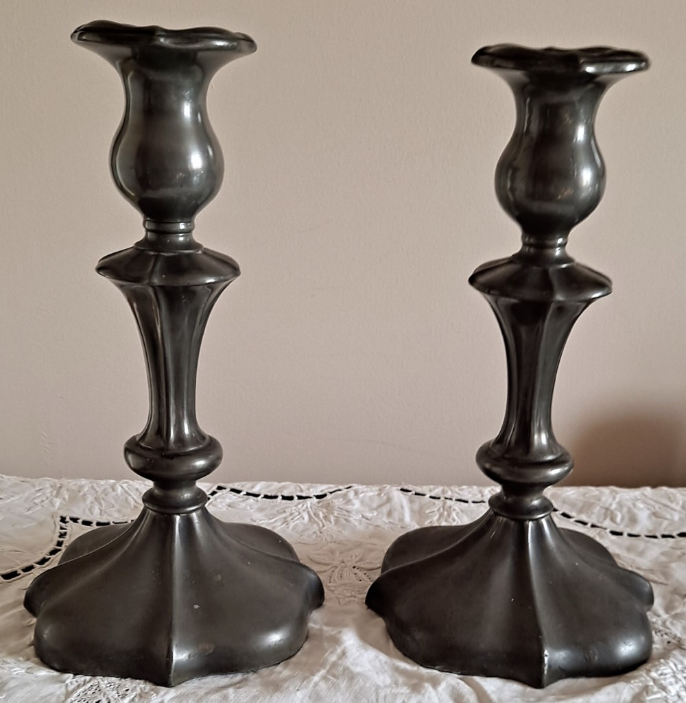 pair of antique victorian art nouveau pewter candlesticks
