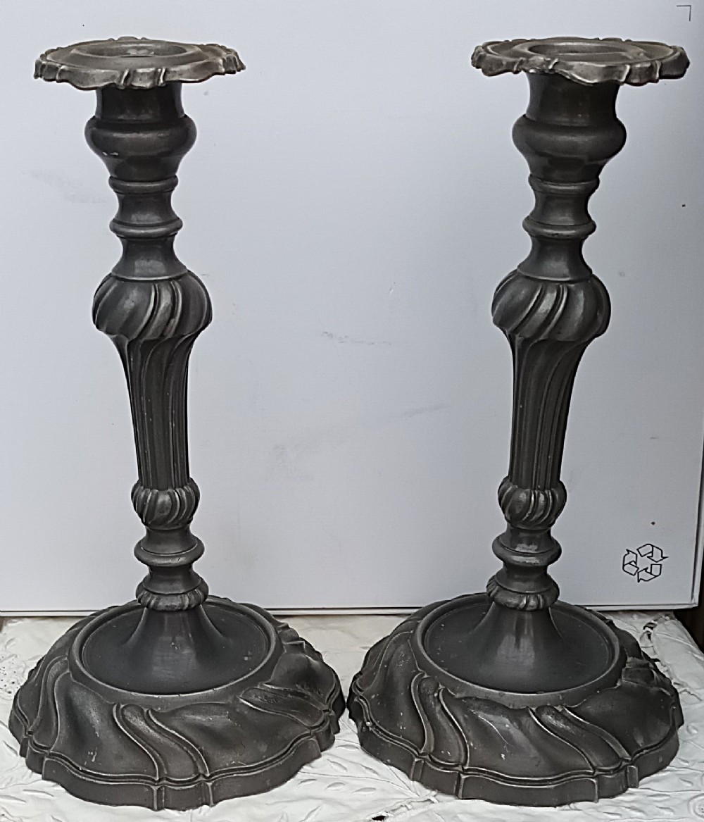 pair of antique victorian pewter rococo candlesticks