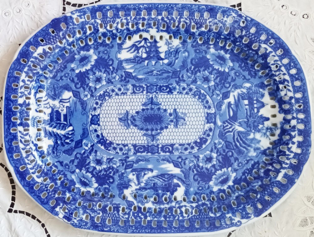 antique english georgian blue white pierced net pattern serving dish platter