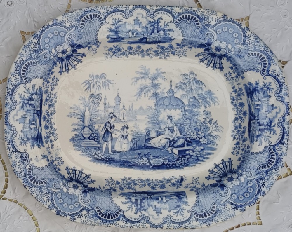 antique english georgian blue and white transfer spanish beauties platter