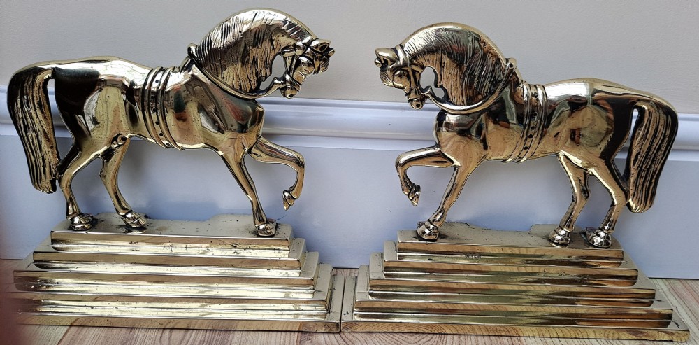 pair of antique english georgian brass chimney horses door porters