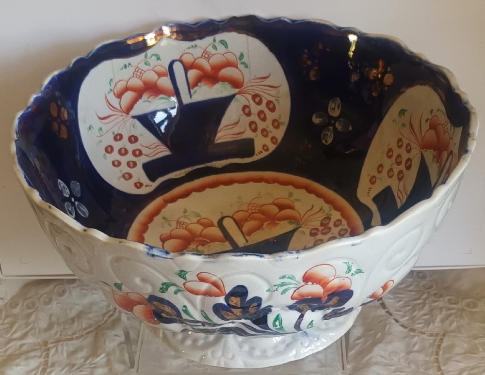 antique victorian gaudy welsh basket of flowers pattern footed bowl